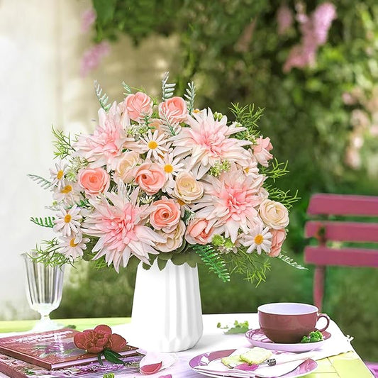 2PCS Artificial Flowers Dahlia Bouquet Fake Flowers Pink Silk Roses Daisies Faux Floral Arrangements for Dining Table Centerpieces for Kitchen Bridal Bouquet Wedding Party Home Decor