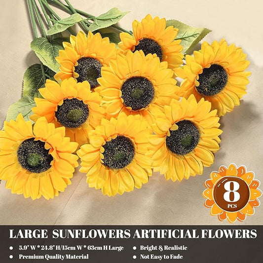 8 PCS 5.9" W x 24.8" H Large Sunflowers Artificial Flowers with Long Stems Silk Fake Big Sunflowers Bouquet Faux Sunflower Arrangement for Home Vase Table Wedding Garden DIY Fall Decor