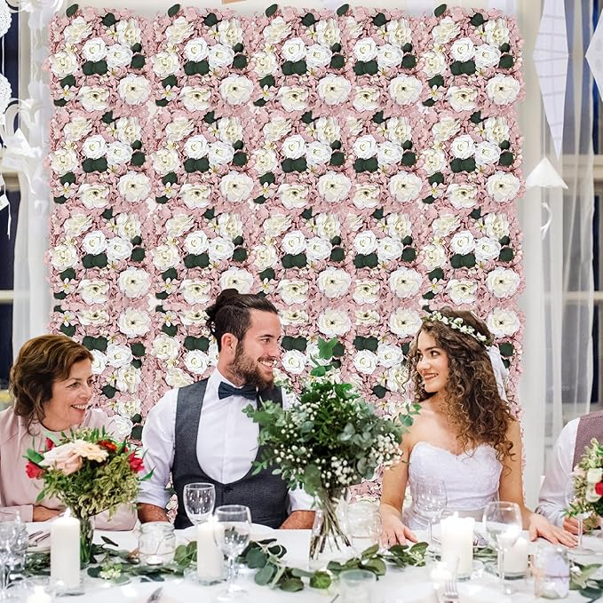 Pack of 12 Artificial Silk Flower Panels, Faux Floral Wall Background for Wedding Party Engagement Bridal Shower Arrangement Home Decorations - Dusty Pink & White