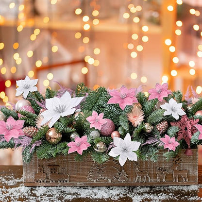 WILLBOND 24 Pcs 3 Size Poinsettia Flower Artificial Christmas Decor Glitter Poinsettia Christmas Ornaments Faux Flowers for Xmas Tree Outdoor(3.2/4/6 Inches,Pink and Silver)