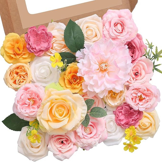 Serwalin Pink Artificial Flowers, Yellow Silk Fake Flowers for DIY Wedding Bridal Bouquets, Wedding Cake Flowers for Table Centerpieces Baby Shower Birthday Party Home Decorations
