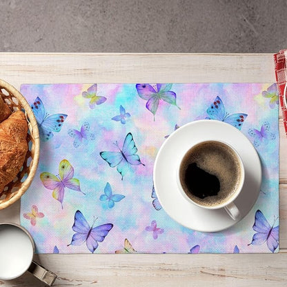 Watercolors Butterfly Placemats Set of 4,Spring Summer Flower Place Mats Washable for Kitchen Dining Table Heat Resistant Decorative Colth Table Mats 4 PCS, Style