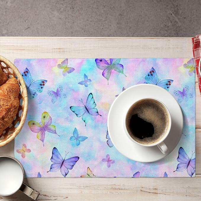 Watercolors Butterfly Placemats Set of 6,Spring Summer Flower Place Mats Washable for Kitchen Dining Table Heat Resistant Decorative Colth Table Mats 6 PCS, Style