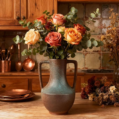 Ceramic Flower Vase with Handles,7.8" Tall Vase for Centerpieces,Large Decorative Terracotta Vases, Farmhouse Rustic Pottery Vase for Home Decor Living Room,Table,Shelf or Mantel