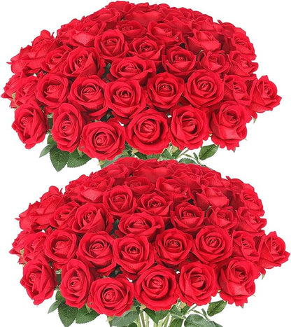 Hananona 50 Pcs Artificial Roses in Bulk, Fake Silk Red Roses Realistic Roses for Wedding Centerpieces Flower Arrangement Home Decor (50, Red)