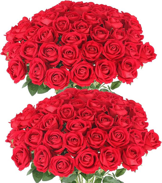 Hananona 50 Pcs Artificial Roses in Bulk, Fake Silk Red Roses Realistic Roses for Wedding Centerpieces Flower Arrangement Home Decor (50, Red)