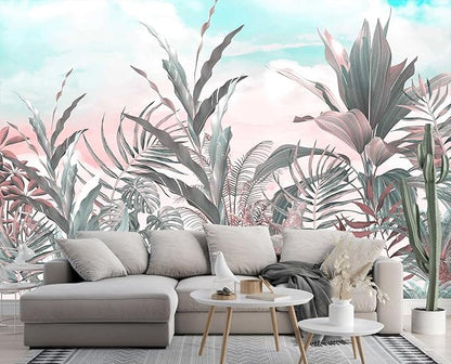 Tropical Leaves Flowers Seamless Pattern Mural, Wallpaper for Bedroom, Living Room, Bathroom Decorative Art Background Wall（Non-self-Adhesive）