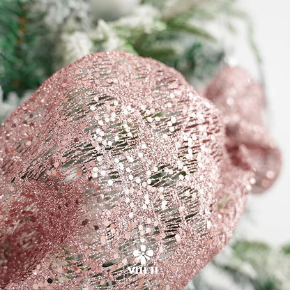 MEEDEE 6 Inch Wide Wired Ribbon Rose Gold Glitter Mesh Web Wired Edge Ribbon by 10 Yards Roll Rose Gold Wired Ribbons for Christmas Tree, Garland, Holiday Wreaths, Bows, Centerpiece, Gift Wrapping