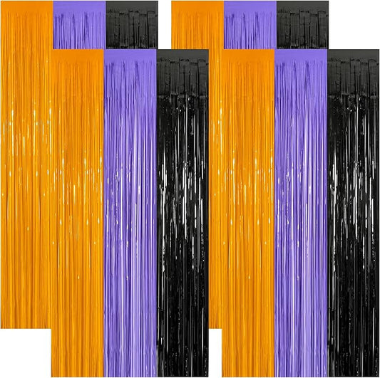 4 Pack Halloween Decorations, 3.28 FT x 7.05 FT Orange Purple Black Party Streamer, Funny Photo Backdrop Foil Curtains Fringe Tinsel, Halloween Door Decor Party Supplies Indoor
