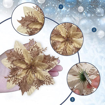 24Pcs Christmas Poinsettia Artificial Flowers and Glitter Berries Kit, 2 Styles Total 16Pcs Christmas Tree Flowers Ornaments, 8Pcs Christmas Tree Picks for Wedding Holiday Decorations, Rose Gold