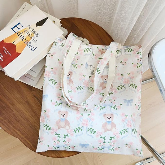 Cotton Canvas Tote Bag Reusable Soft Grocery Cloth Bag Floral Shoulder Bag for Beach Travel Shopping