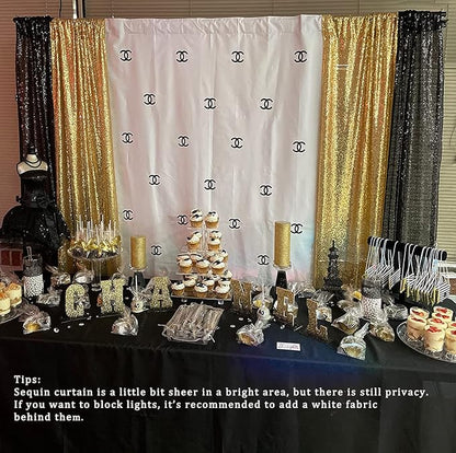 Black Gold Sequin Backdrop Curtain 4 Panels 2FTx8FT Glitter Background Drapes Sparkle Photography Backdrop for Party Wedding Birthday Wall Decoration