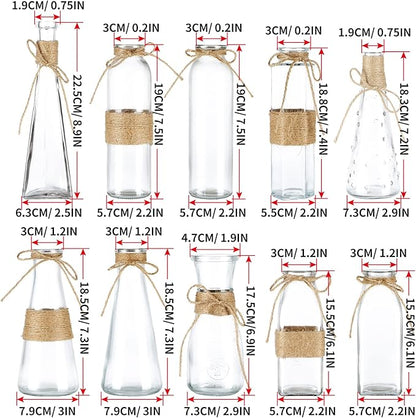 MDLUU Clear Glass Bud Vase in Bulk, 10Pcs Assorted Decorative Glass Bottles with Rope, Different Sizes Vintage Jar for Wedding Centerpiece, Party, Reception Table, Home Decor
