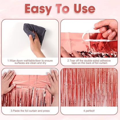 4 Pack Rose Gold Foil Fringe Backdrop Curtains, Tinsel Streamers Birthday Party Decorations, Fringe Backdrop for Graduation, Baby Shower, Gender Reveal, Disco Party