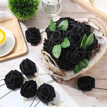 100 Pieces Artificial Foam Rose Flowers Faux Bouquet with Leaves and Stems for DIY Wedding Bouquets Centerpieces Bridal Shower Party Valentine Home Decorations(Black)