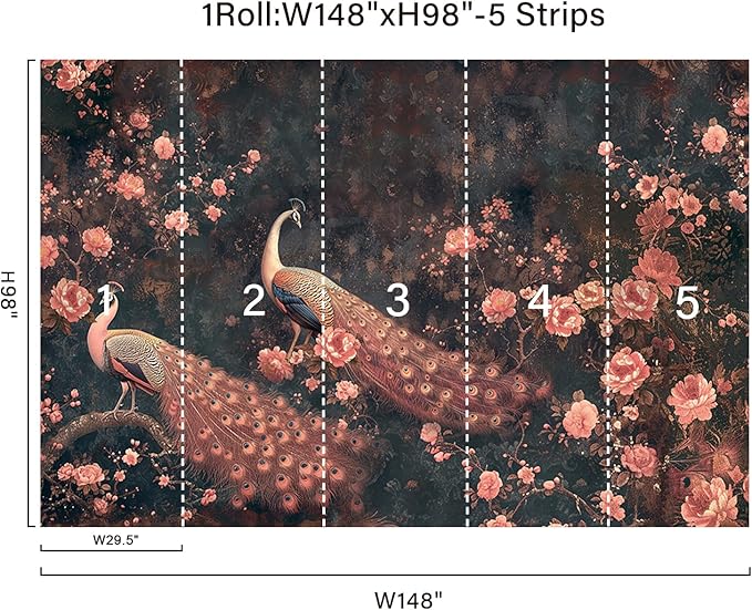 Large Peacock Wall Murals Peel and Stick 148" W x 98" H Canvas Pink Peony Flower Wallpaper Self Adhesive Retro Chinoiserie Wall Paper for Bedroom Living Room Home Decor
