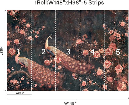 Large Peacock Wall Murals Peel and Stick 148" W x 98" H Canvas Pink Peony Flower Wallpaper Self Adhesive Retro Chinoiserie Wall Paper for Bedroom Living Room Home Decor