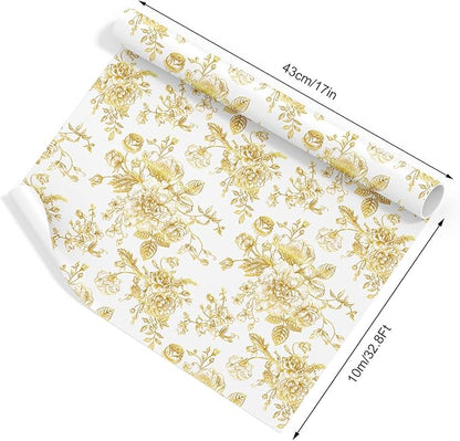 JarThenaAMCS Gold Foil Floral Wrapping Paper - Mini Roll - 17 Inch x 32.8 Ft Vintage Flower Gift Wrap Paper Decorative Art Paper for DIY Crafts Supplies