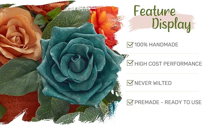 Wedding Arch Flowers with Drapes Kit (Pack of 5) - 2pcs Artificial Teal Orange Fall Deluxe Swag with 3pcs Sheer Drapes for Wedding Ceremony Arbor Reception Backdrop Rose Floral Decoration