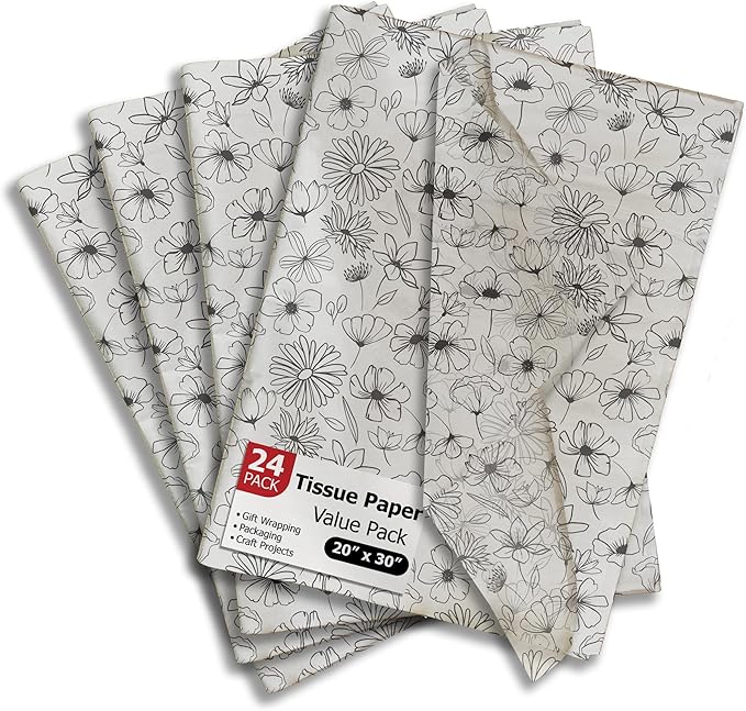 Pro Supply Global Black and White Floral Printed Tissue Paper for Gift Bags or Boxes and Wrapping - Spring Bulk Decorative Art Tissue Paper for Packaging and Gifting | 24 Sheets 20" x 30"