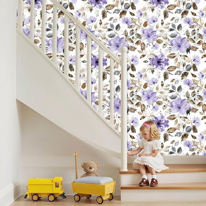 Purple Floral Peel and Stick Wallpaper Modern Contact Paper Waterproof Removable Self Adhesive Botanical Flower Wall Paper for Bathroom Bedroom Cabinets Vinyl Wallpaper 17.7" X 124"