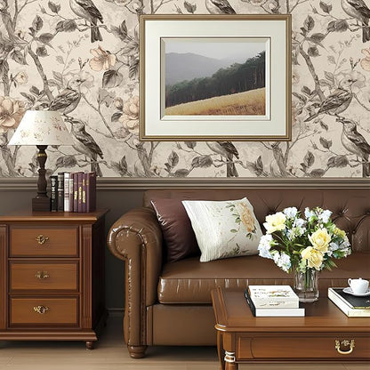 Vintage Animal Peel and Stick Contact Paper Beige Bird Removable Botanical Leaf Tree Wallpaper 17.7" x 118.11" Wall Paper Watercolor Self Adhesive for Classroom Bedroom Laundry Room Bathroom