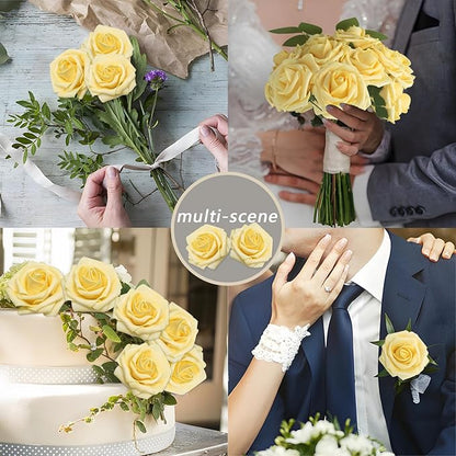 100Pcs Artificial Flowers Creamy Yellow Roses Real Looking Foam Fake Roses with Leaves and for DIY Wedding Bouquets Bridal Shower Centerpieces Party Decorations (Creamy Yellow, 100)