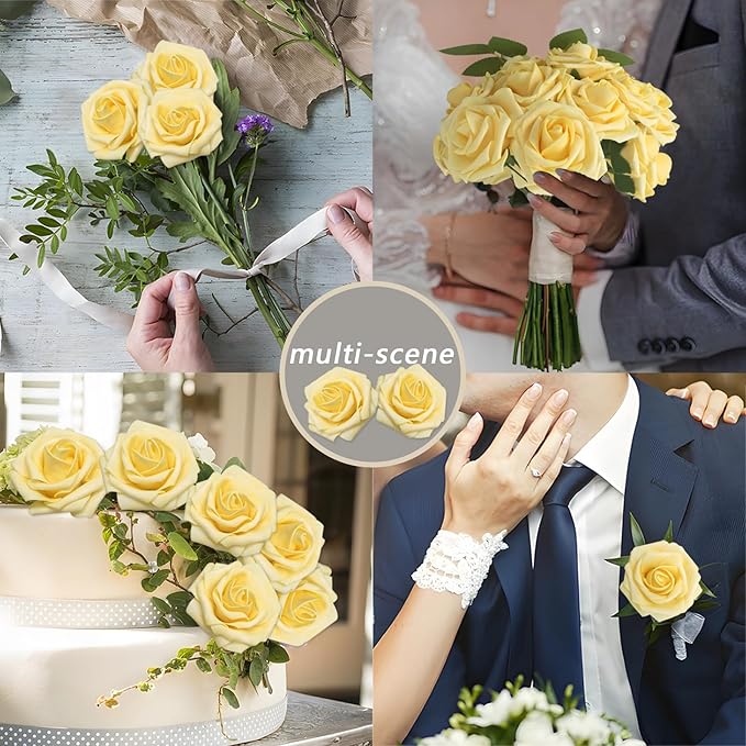 Artificial Flowers Creamy Yellow Roses 50Pcs Real Looking Foam Fake Roses with Leaves for DIY Wedding Bouquets Bridal Shower Party Decorations (Creamy Yellow, 50)