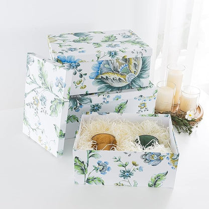 Soul & Lane Breezy Bloom Floral Storage Boxes with Lid - Set of 3: Home Décor Memories Cartons, Nesting Decorative Photo Storage Containers, Flower Paperboard Keepsake Bins, Cardboard File Boxes