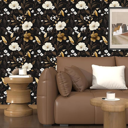 Black Gold Floral Wallpaper Peel and Stick 17.4" X 118" Golden Leaf Small Flower Contact Paper Floral Pattern Removable Self Adhesive Covering for Bedroom Cabinet Bathroom Home Decor Black Dark