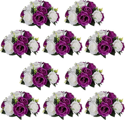 NUPTIO Flower Centerpieces for Wedding Tables: 10 Pcs Purple & White Artificial Flower Ball Arrangement for Christmas Thanksgiving Party - Fake Floral Rose for Bridal Shower Decor