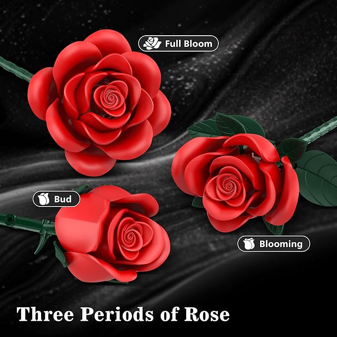 Rose Bouquet Flowers Building Set, 501Pcs Red Purple Golden Roses Artificial Flowers Botanical Collection Compatible with Lego Flowers Home Office Table Decor Valentines Day Xmax Gifts for Mom Women