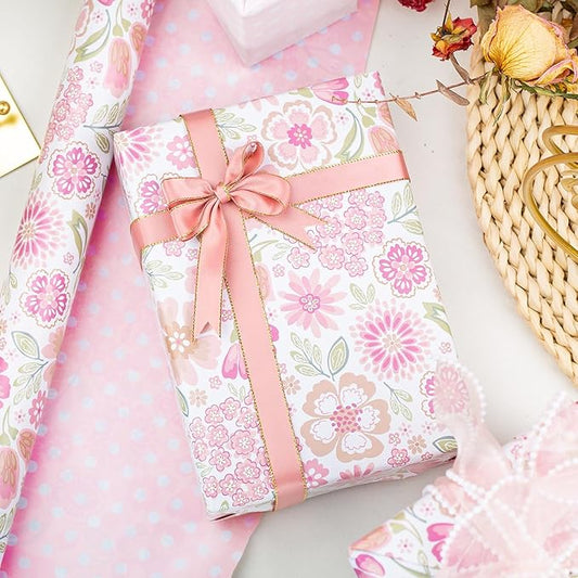 MAYPLUSS Pink Gift Wrapping Paper, Reversible Mother's Day Wrapping Paper, Romantic Pink Floral Premium Girl Gift Wrap Paper for Wedding, Bridal Shower, Valentine's Day, Birthday, (17Inch X 33Feet)