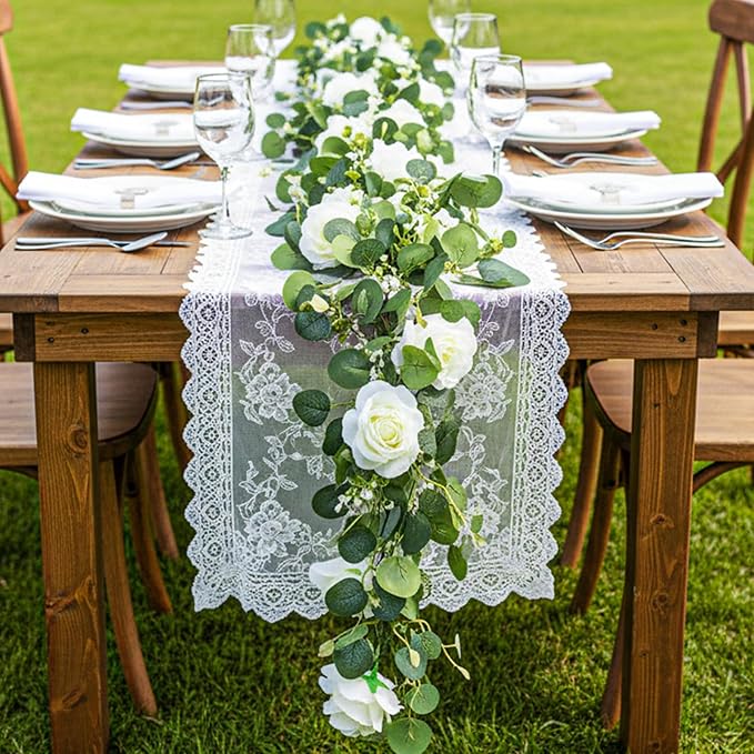 3 Pcs Total 18Ft Artificial Eucalyptus Flower Garland, Faux Eucalyptus Garland with White Roses Fake Flowers Vines for Centerpiece, Wedding, Party, Table, Background, Arch, Indoor Outdoor Decor