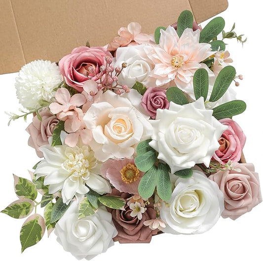 Artificial Flowers Dusty Pink Box Set for DIY Bridal Bouquets Wedding Shower Decorations Fake Floral Arrangements for Party Table Centerpieces Home Decor Indoor Outdoor
