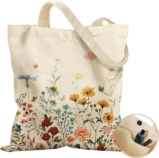 Aesthetic Tote Bag for Women- with Magnetic Buckle and Zipper Inner Pocket Cloth Cotton Canvas Tote Bags