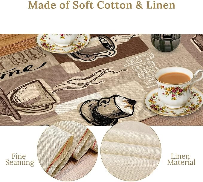 Coffee Table Runner,Vintage Style Coffee Cup Bean Abstract Theme Pattern Print Tablecloth Burlap for Hotel Indoors Outdoor Dining Room Kitchen Table Decor, 13x108in