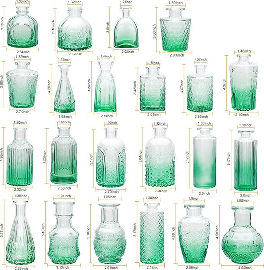 Brajttt Bud Vase Set of 25, Green Vases, Glass Bud Vases in Bulk, Small Vases for Mini Flower Vase Set, Cute Vintage Glass Vases Set for Flower,Wedding,Home,Centerpiece Table Decorations