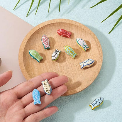Beadthoven 10Pcs Fish Handmade Porcelain Ceramic Beads Colorful Printed Ceramic Beads Cute Ocean Sea Animal Spacers for DIY Necklaces Bracelets Summer Jewelry Making Crafts Supplies