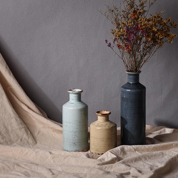 Ceramic Vase Set of 3, Crackle Glaze Decorative Flower Vases for Dried or Fresh Arrangements, Modern Farmhouse Decoration Table Shelf Centerpiece for Living Room, Dining, Fireplace, Entryway