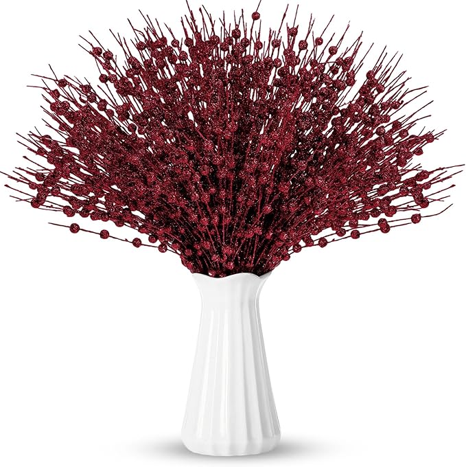 Geosar 30 Pcs Christmas Artificial Glitter Berry Stem Decorations 17 Inch Faux Stick Floral Pick Centerpiece Bouquet Flower Bead Twigs for Centerpiece Tree Wreath Xmas Ornaments Home(Burgundy)