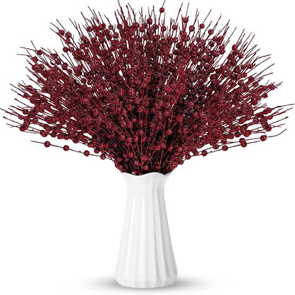 Geosar 30 Pcs Christmas Artificial Glitter Berry Stem Decorations 17 Inch Faux Stick Floral Pick Centerpiece Bouquet Flower Bead Twigs for Centerpiece Tree Wreath Xmas Ornaments Home(Burgundy)