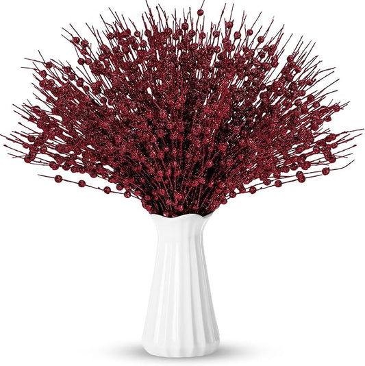 Geosar 30 Pcs Christmas Artificial Glitter Berry Stem Decorations 17 Inch Faux Stick Floral Pick Centerpiece Bouquet Flower Bead Twigs for Centerpiece Tree Wreath Xmas Ornaments Home(Burgundy)
