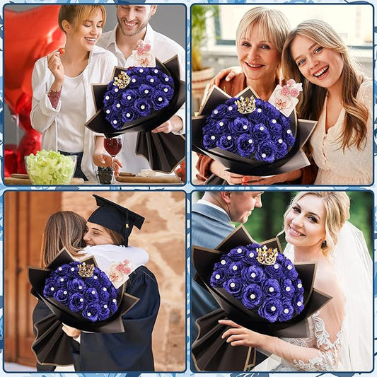 Glitter Roses Bouquet,DIY Fake Glitter Bouquets, Everlasting Shiny Artificial Rose Bouquet with Flower Wrapping Paper Crowns Cards for Mother's Day Graduation Wedding Anniversary(Blue),25 Pcs