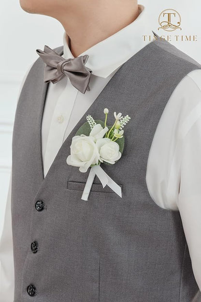 TINGE TIME 2PCS Boutonniere for Men, Groom and Groomsmen Boutonniere for Wedding, Prom, Homecoming, Anniversary, Graduation(White)