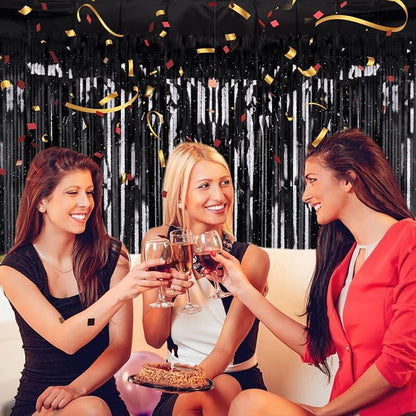 2 Pack 3.2ft x 8.2ft Black Tinsel Foil Fringe Curtain, Sparkle Metallic Foil Backdrop for Party Photo Booth Props New Years Eve Birthday Bridal Shower Bachelorette Holiday Decorations Supplies