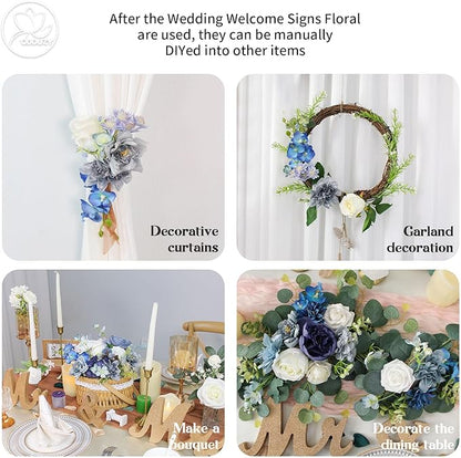 Artificial Wedding Arch Flowers for Wedding Sign,Set of 2 for Wedding Welcome Ceremony Sign,Faux Floral Swags,Wedding, Banquet and Reception Backdrop Floral Decoration (Blue)