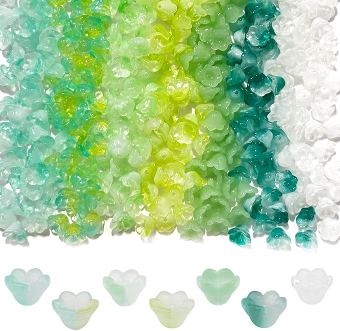 LadayPoa 350pcs Glass Bellflower Beads for Jewelry Making Trumpet Flower Beads Gradient Clear Cute Bead for Bracelets Making Aesthetic Bead Charms for DIY Necklace Decoration-Green Series
