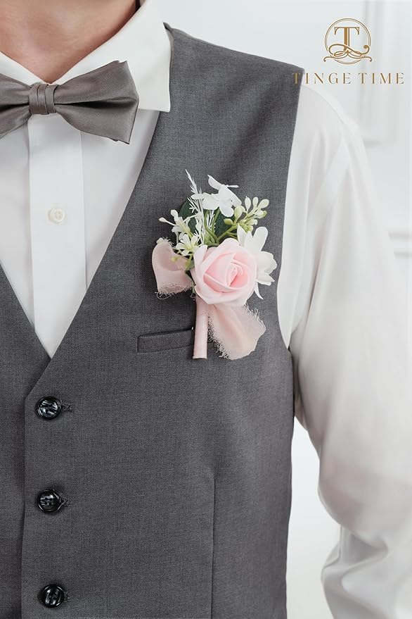 TINGE TIME Boutonniere for Men Wedding,Groom and Best Man Boutonniere for Wedding Ceremony Anniversary, Formal Dinner Party and Rustic Spring Wedding Marriage (2, Pink)