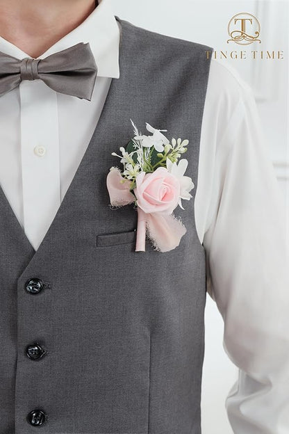 TINGE TIME Boutonniere for Men Wedding,Groom and Best Man Boutonniere for Wedding Ceremony Anniversary, Formal Dinner Party and Rustic Spring Wedding Marriage (2, Pink)